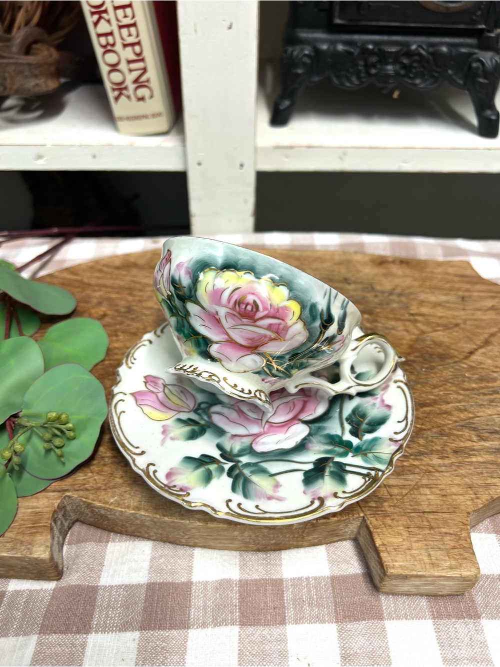 Vintage Lefton teacup and saucer handpainted rose grandma core